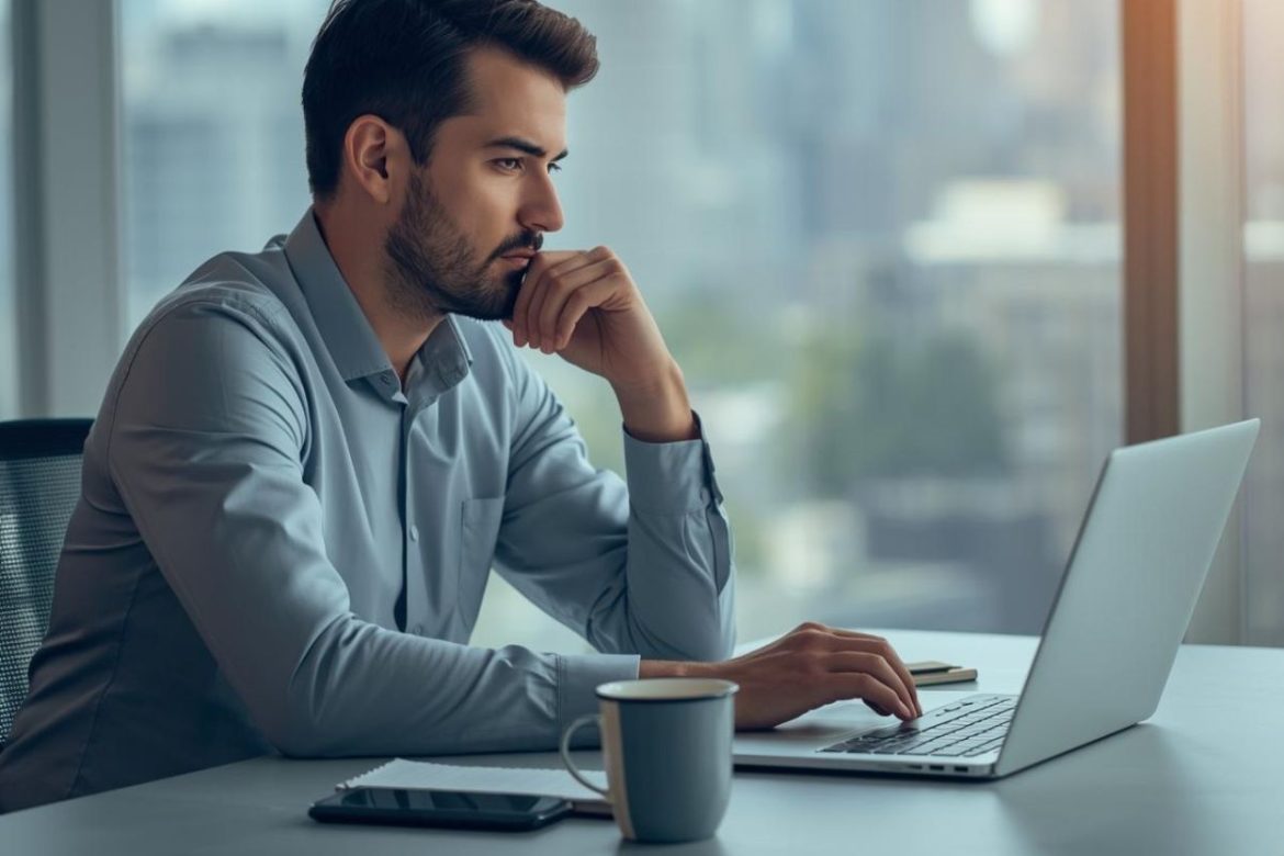 professional mid-career man sitting at a modern desk looking thoughtful while reviewing a job post.